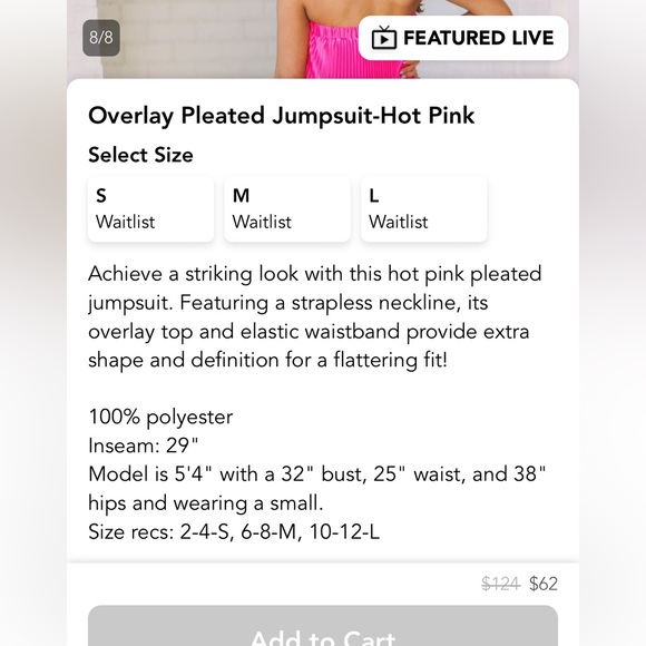 NWOT Pleated Jumpsuit Hot Pink - Picture 5 of 9